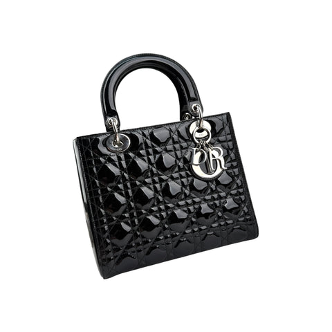 Christian Dior Black Cannage Quilted Patent Leather Medium Lady Dior Bag