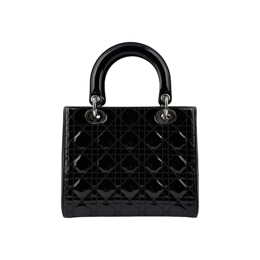 Christian Dior Black Cannage Quilted Patent Leather Medium Lady Dior Bag