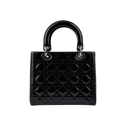 Christian Dior Black Cannage Quilted Patent Leather Medium Lady Dior Bag
