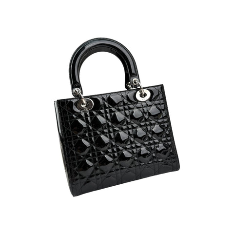 Christian Dior Black Cannage Quilted Patent Leather Medium Lady Dior Bag