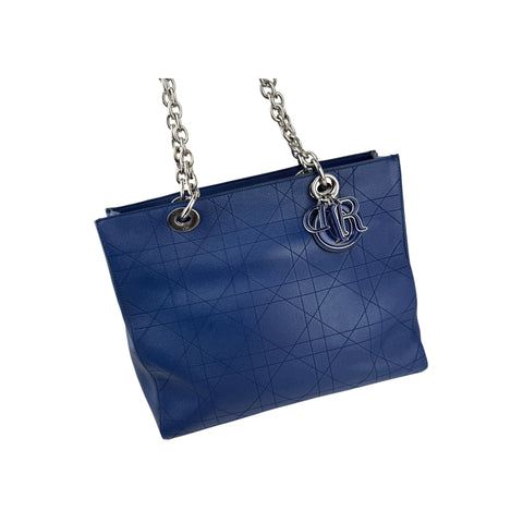 Christian Dior Blue Grained Calfskin Leather Cannage Quilted Medium Ultradior Tote Bag