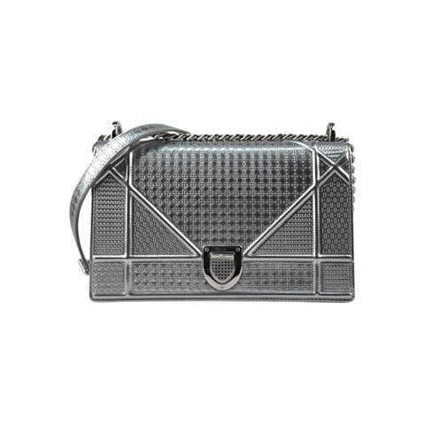 Christian Dior Silver Metallic Leather Micro Cannage Medium Diorama Bag