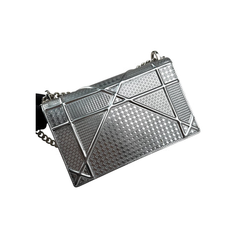 Christian Dior Silver Metallic Leather Micro Cannage Medium Diorama Bag