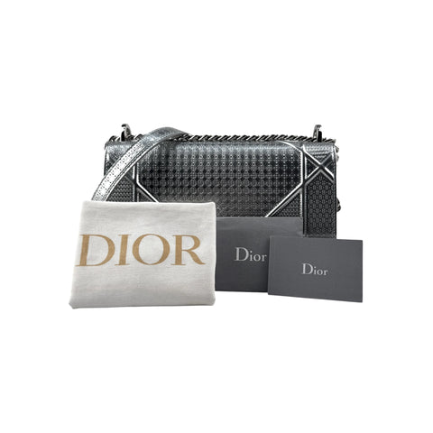 Christian Dior Silver Metallic Leather Micro Cannage Medium Diorama Bag