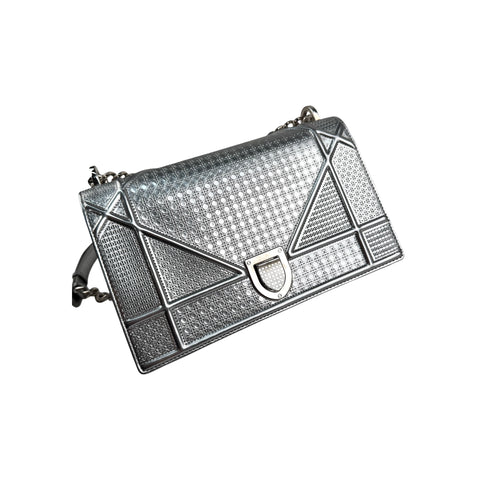 Christian Dior Silver Metallic Leather Micro Cannage Medium Diorama Bag