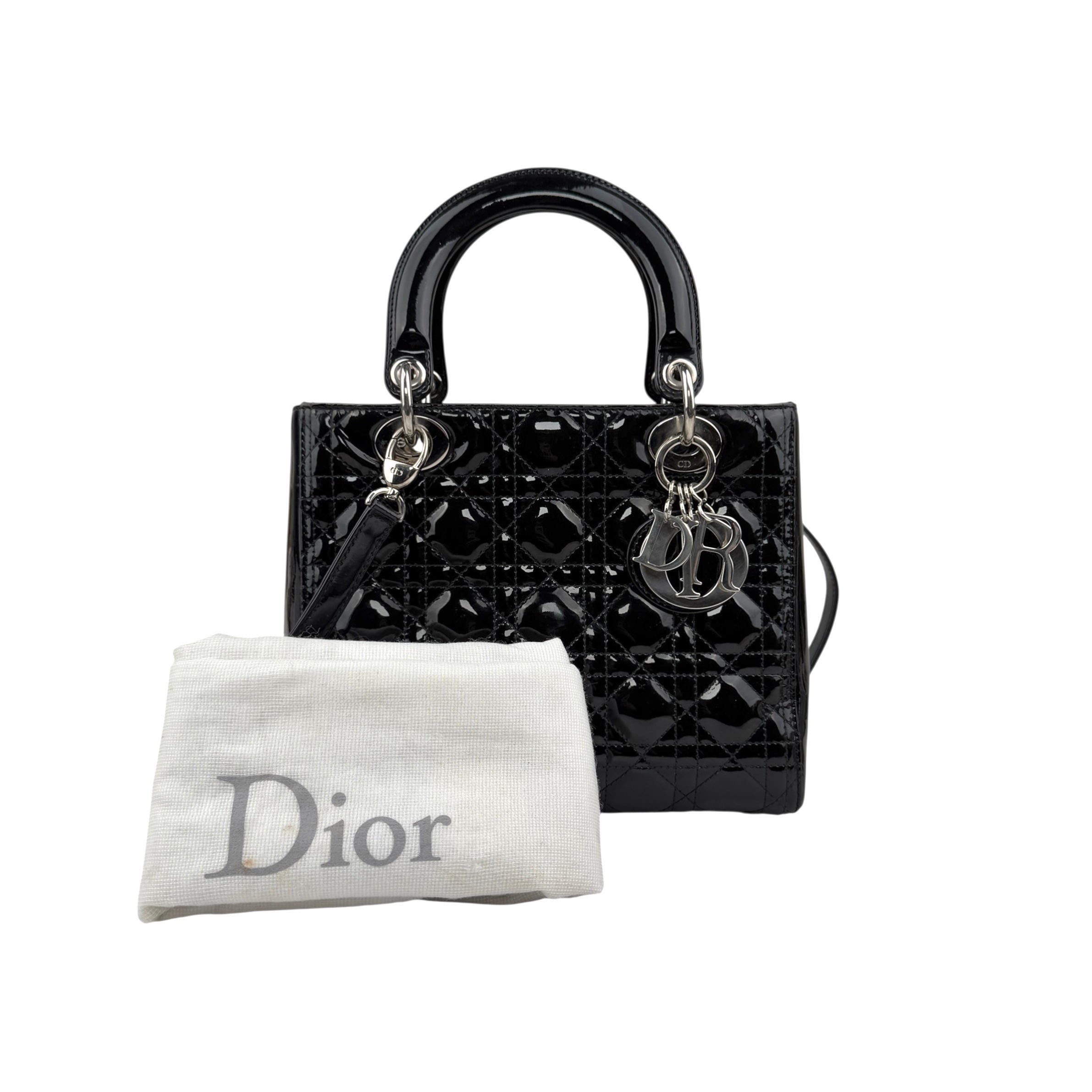 christian dior black cannage quilted patent leather lady dior bag accessory