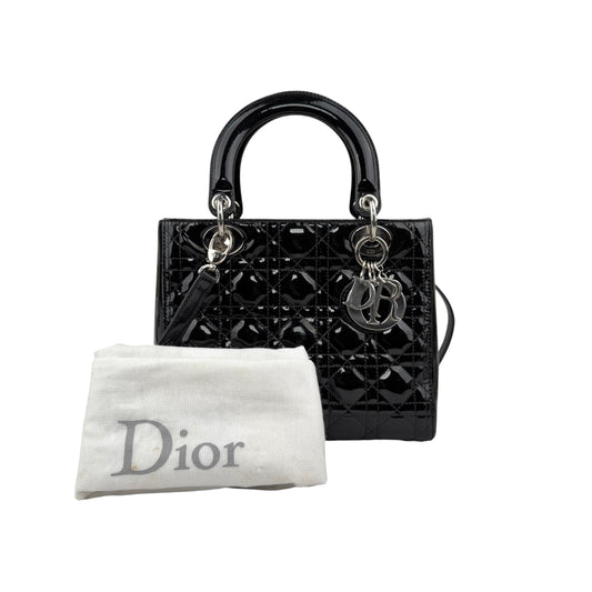 christian dior black cannage quilted patent leather lady dior bag accessory