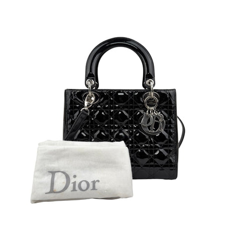 christian dior black cannage quilted patent leather lady dior bag accessory