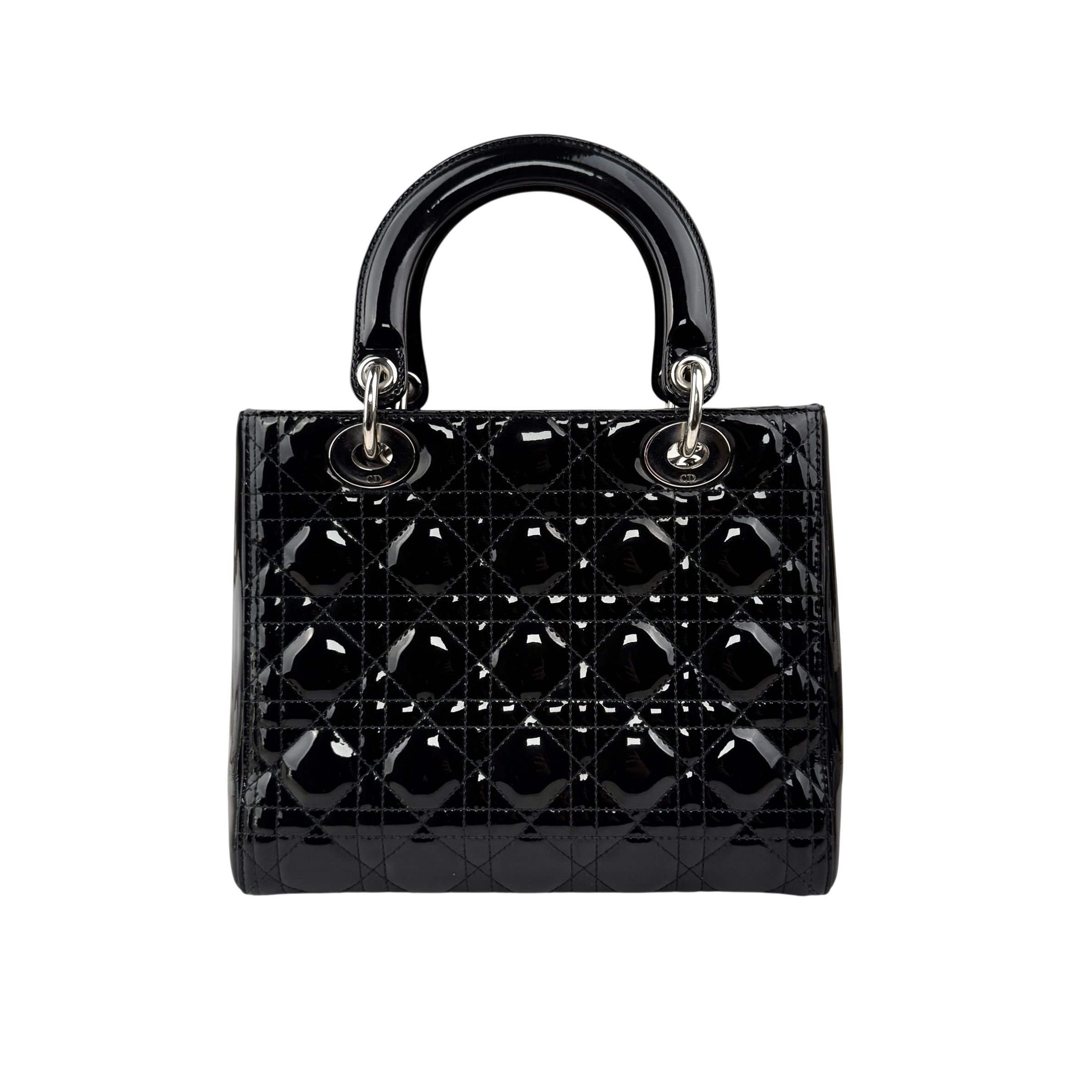 christian dior black cannage quilted patent leather lady dior bag back
