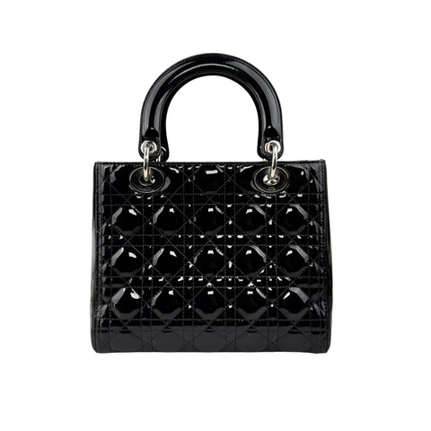 christian dior black cannage quilted patent leather lady dior bag back