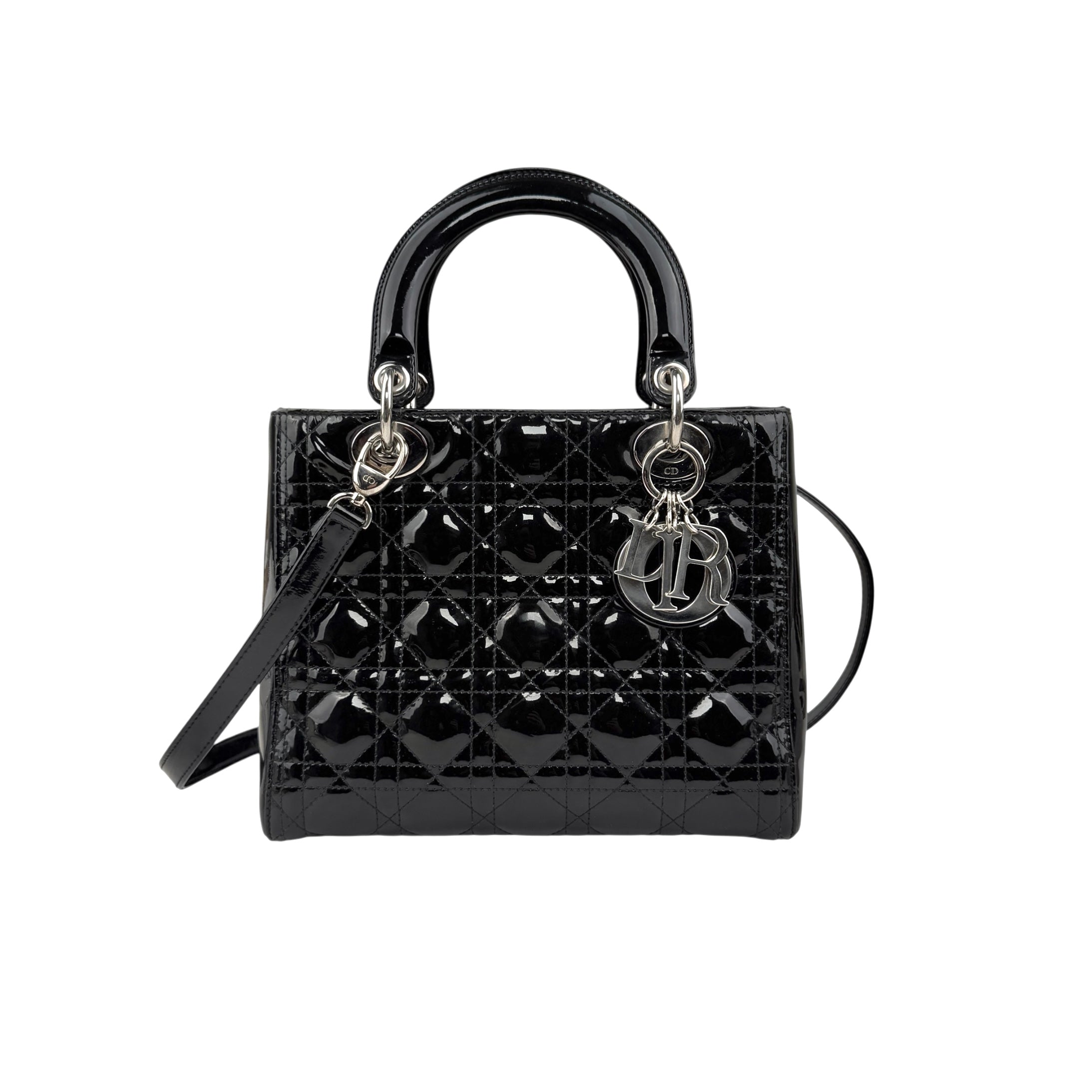 christian dior black cannage quilted patent leather lady dior bag front