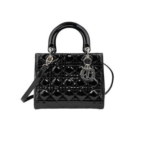 christian dior black cannage quilted patent leather lady dior bag front