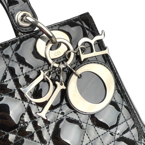 christian dior black cannage quilted patent leather lady dior bag hardware detail