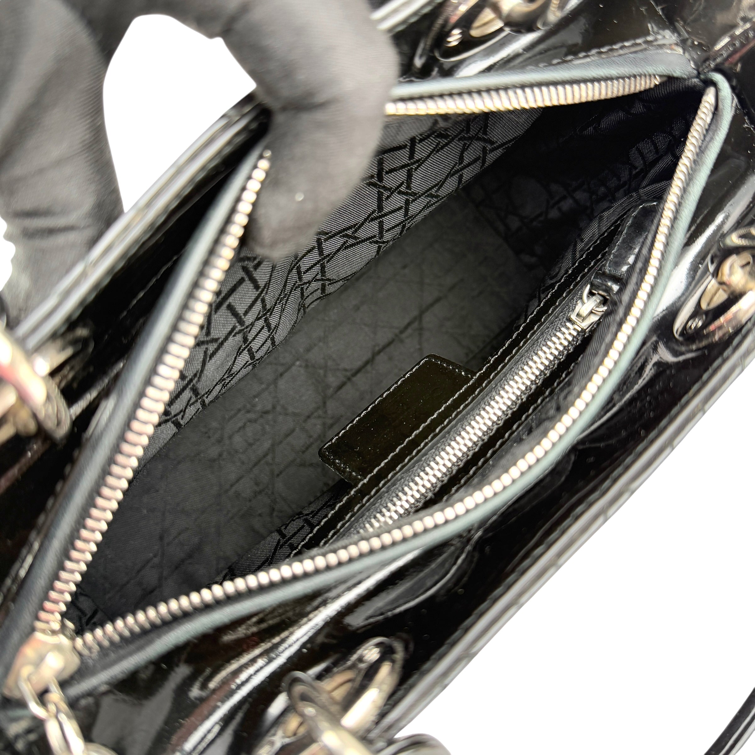 christian dior black cannage quilted patent leather lady dior bag inside