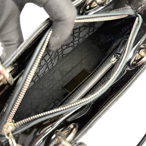 christian dior black cannage quilted patent leather lady dior bag inside