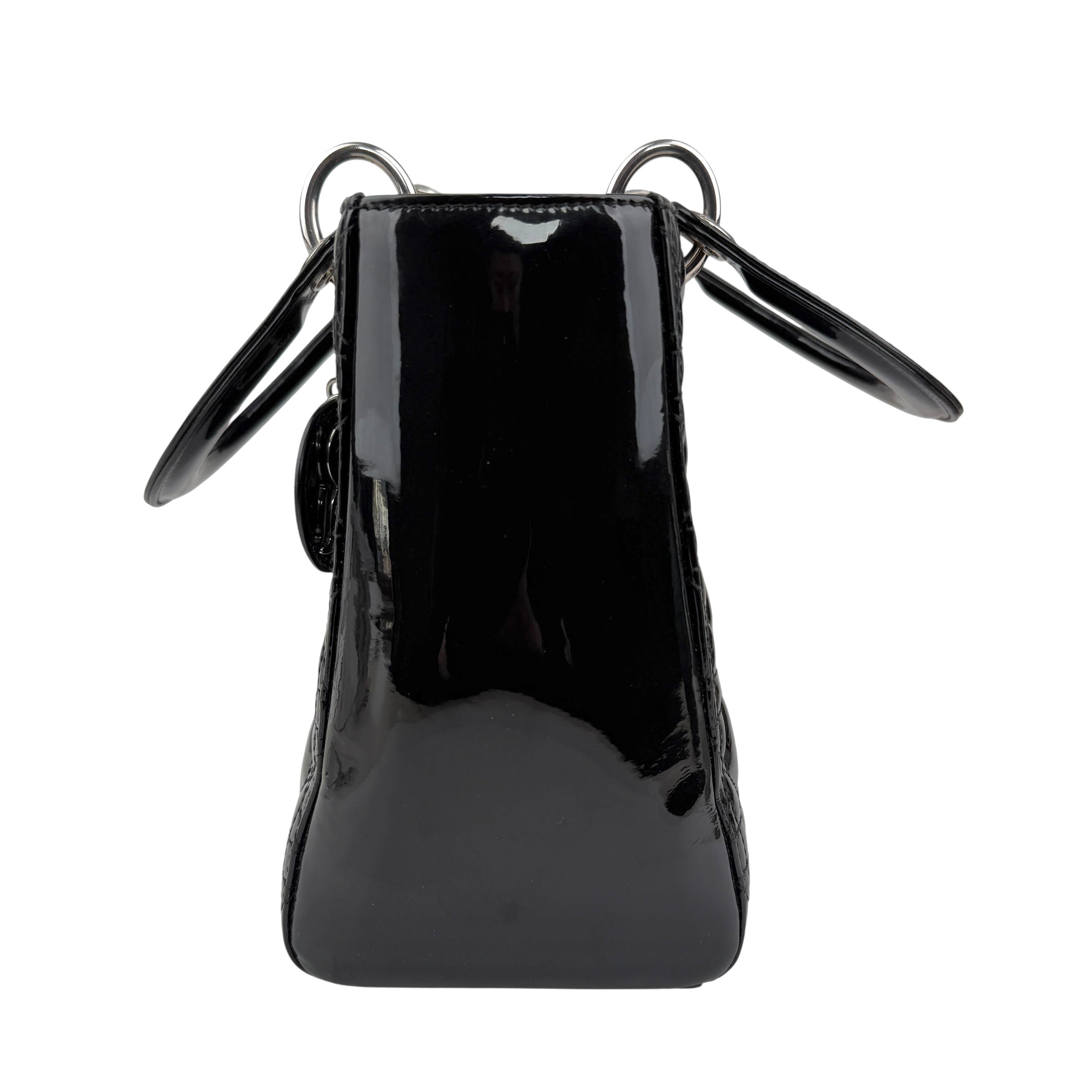 christian dior black cannage quilted patent leather lady dior bag left