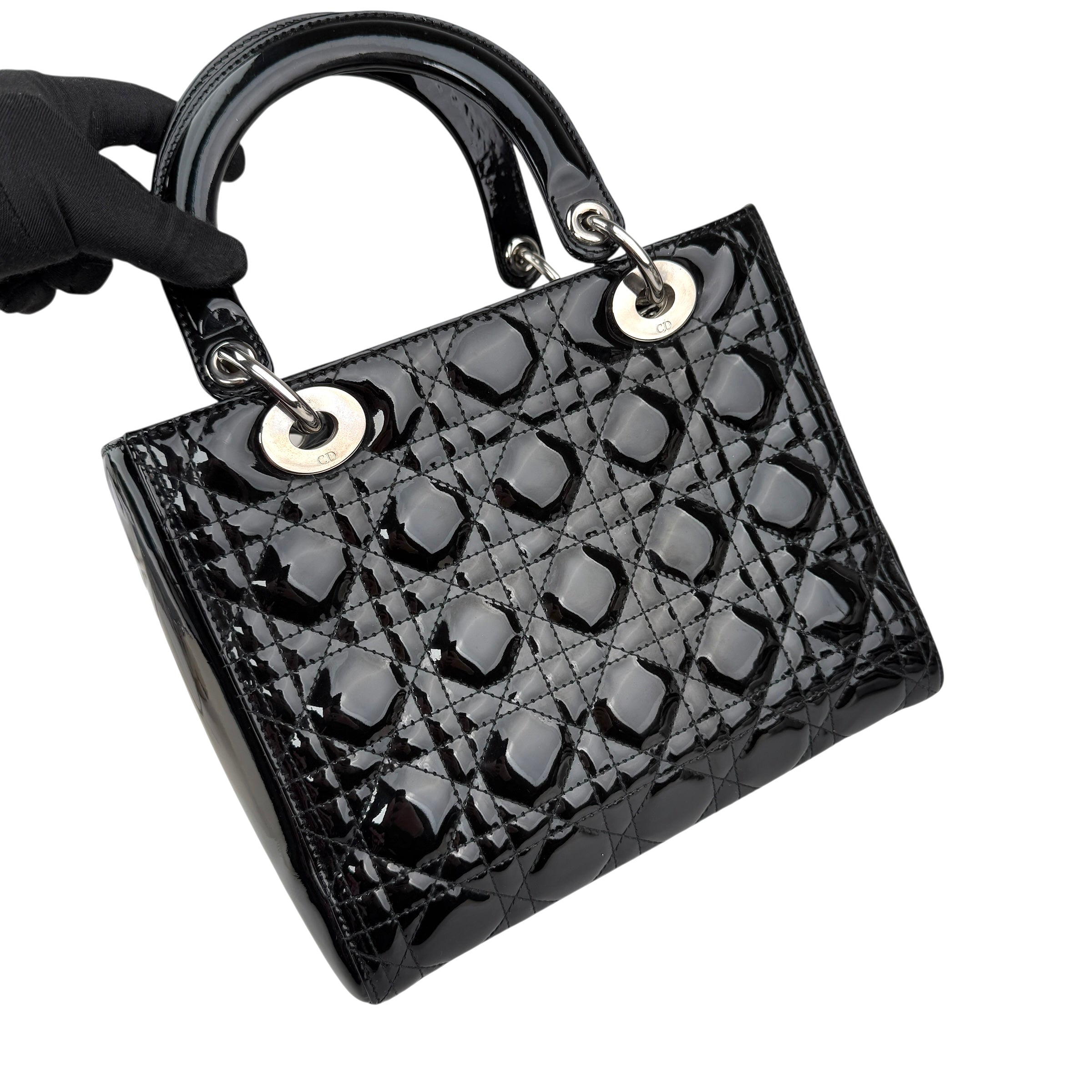 christian dior black cannage quilted patent leather lady dior bag left back 45