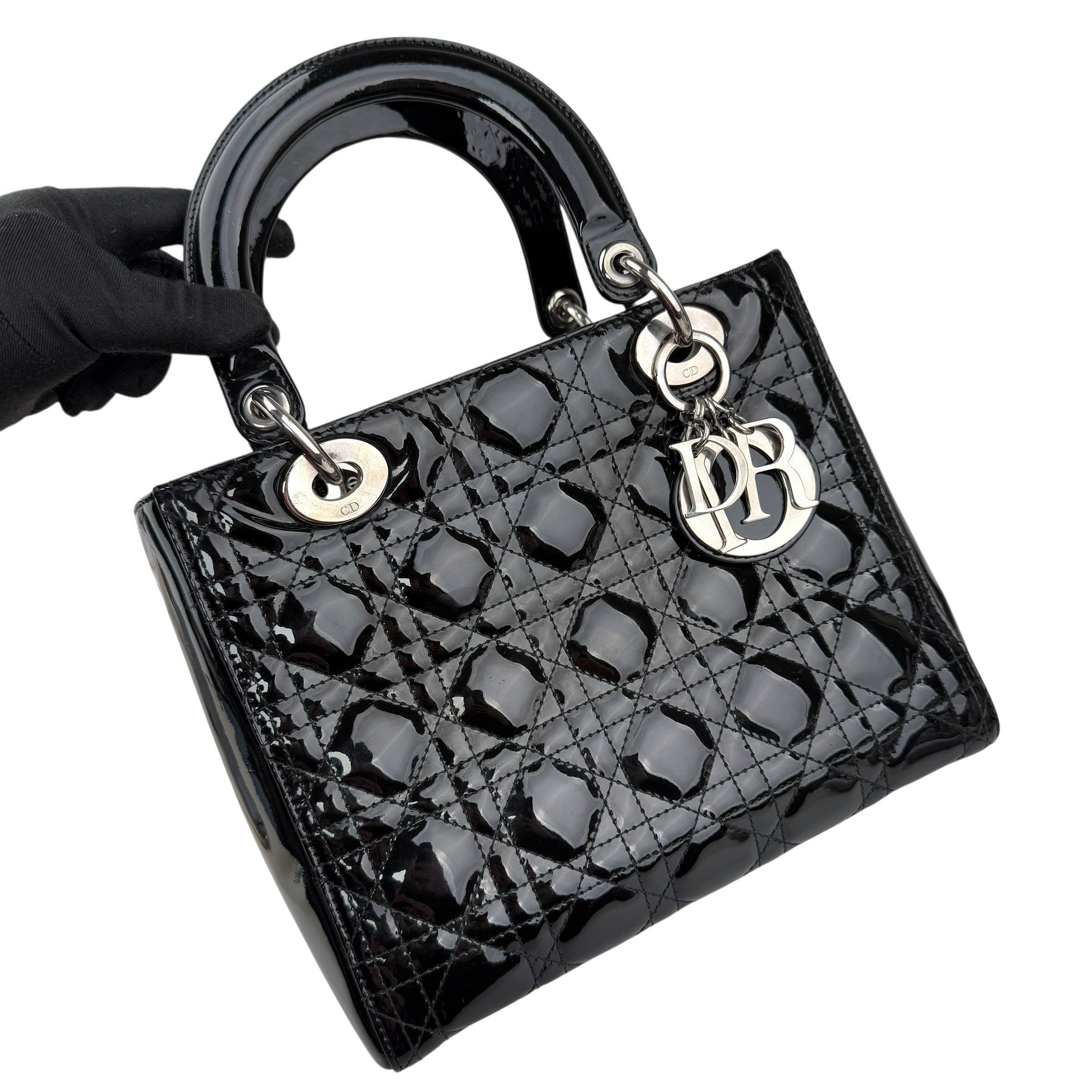 christian dior black cannage quilted patent leather lady dior bag left front 45
