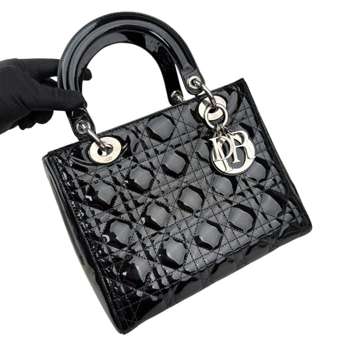 christian dior black cannage quilted patent leather lady dior bag left front 45