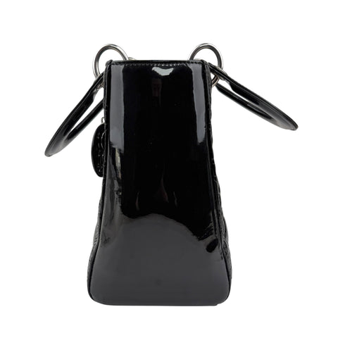 christian dior black cannage quilted patent leather lady dior bag left