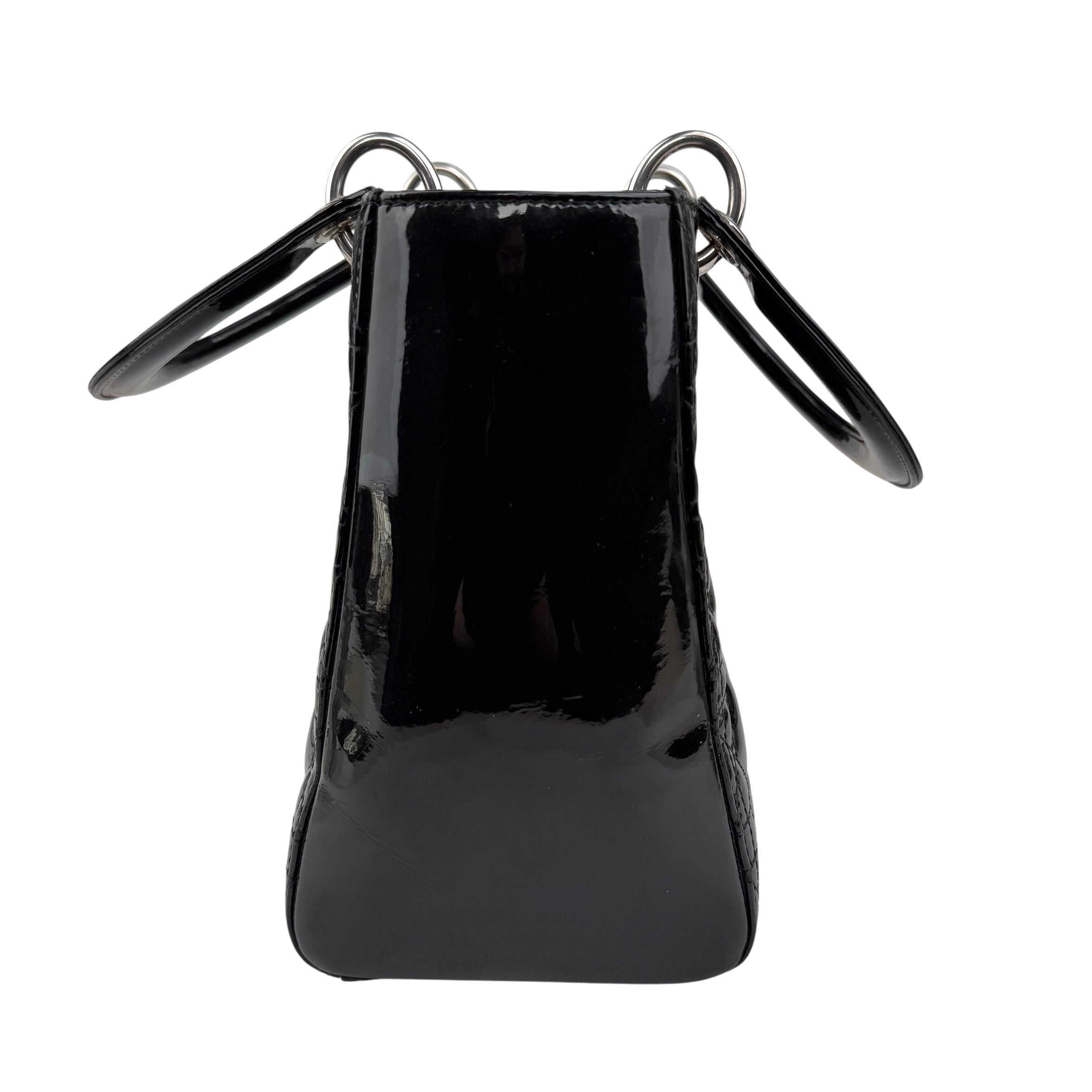 christian dior black cannage quilted patent leather lady dior bag right