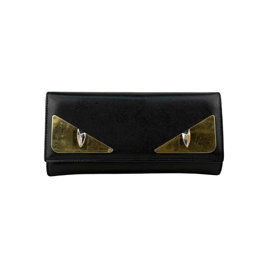 Fendi Black Leather Metallic Monster Eyes Bugs Zip Around Wallet