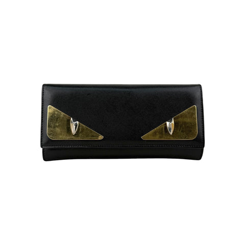Fendi Black Leather Metallic Monster Eyes Bugs Zip Around Wallet