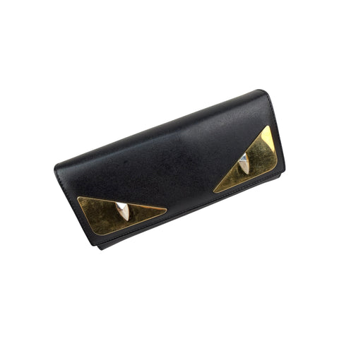 Fendi Black Leather Metallic Monster Eyes Bugs Zip Around Wallet