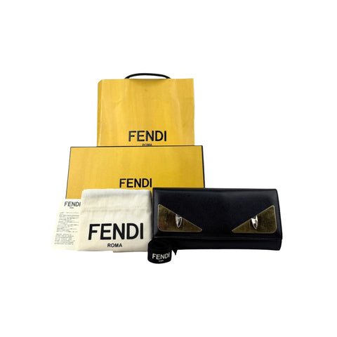 Fendi Black Leather Metallic Monster Eyes Bugs Zip Around Wallet