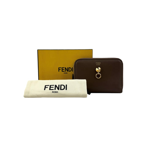Fendi Zip Around Leather Wallet with Ring Accent Wo - Brown