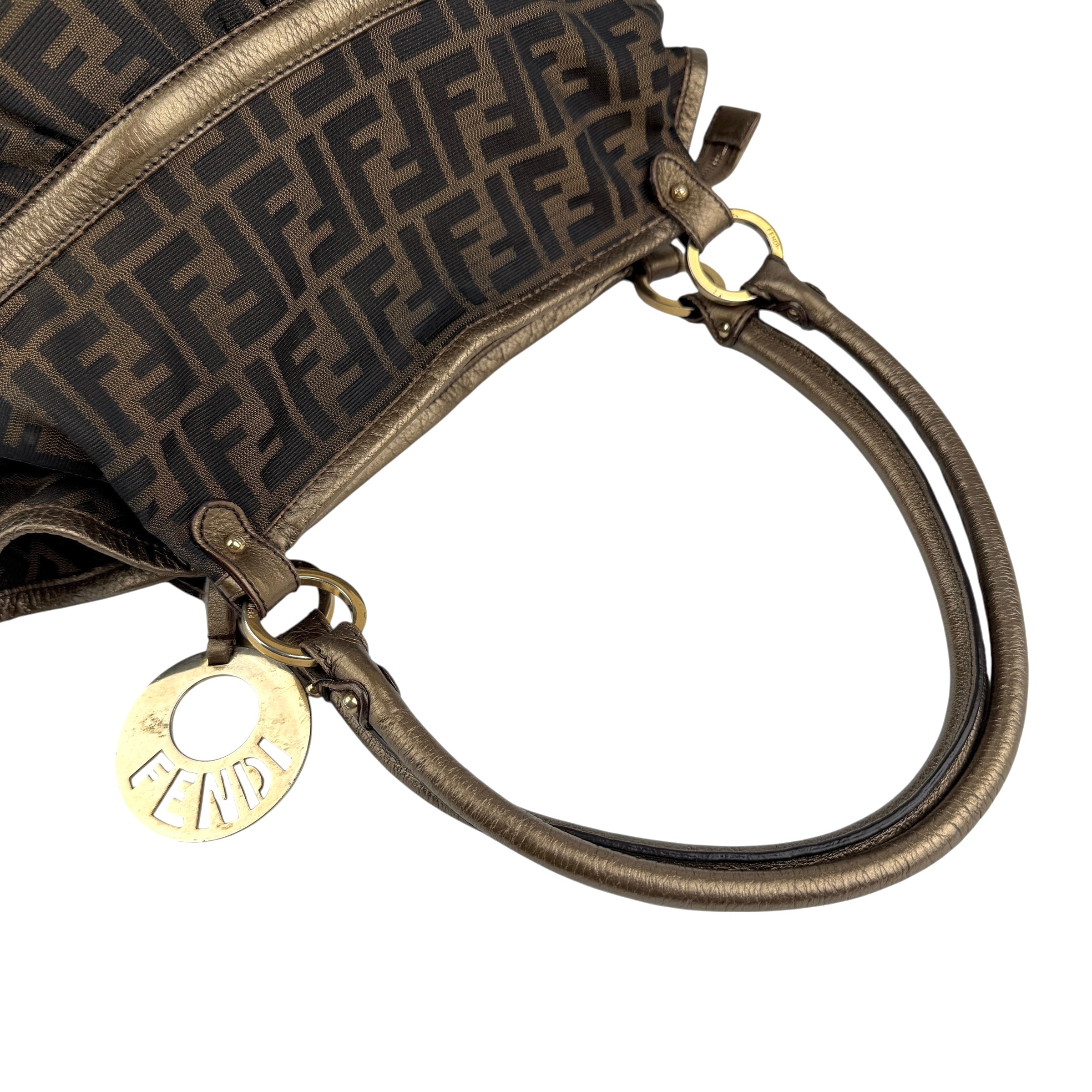 fendi zucca charm brown tote bag handle detail