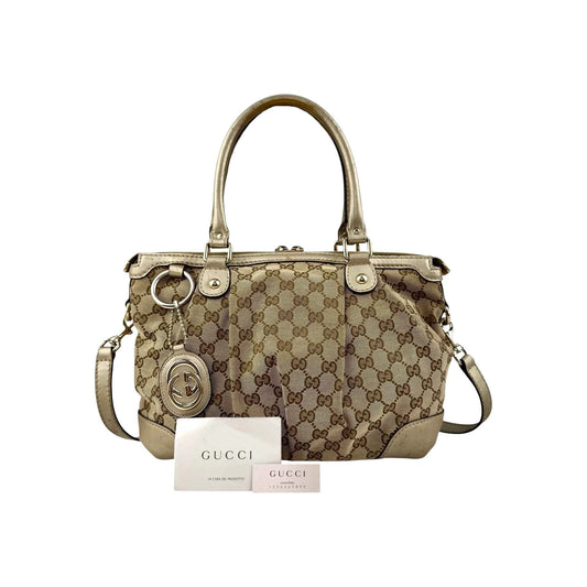 Gucci Beige Gold GG Canvas Sukey Top Handle Bag