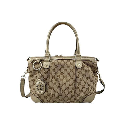 Gucci Beige Gold GG Canvas Sukey Top Handle Bag