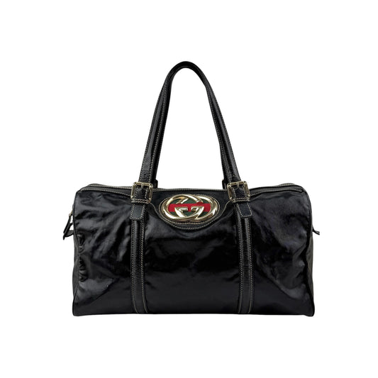 Gucci Black Dialux Britt Medium Boston Bag