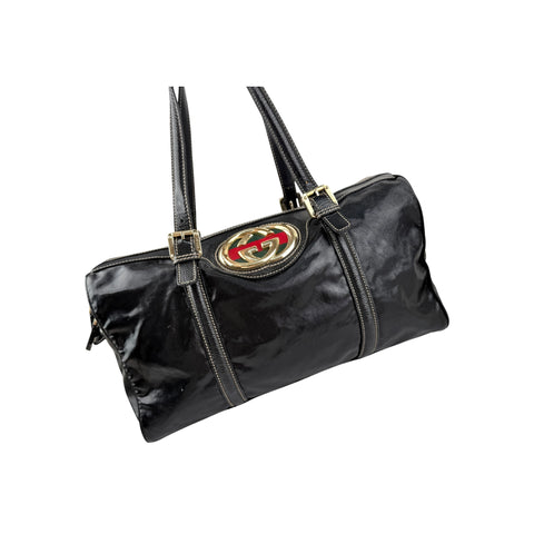 Gucci Black Dialux Britt Medium Boston Bag
