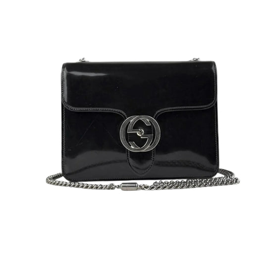 Gucci Black Polished Calfskin Leather Interlocking G Shoulder Bag