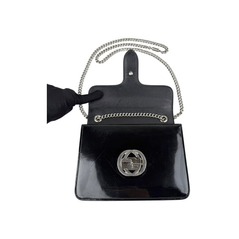 Gucci Black Polished Calfskin Leather Interlocking G Shoulder Bag