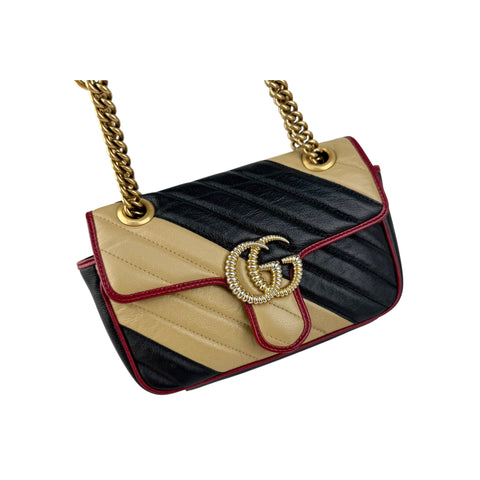 Gucci Black/Red/Beige Quilted Leather Marmont Torchon Mini Flap Bag