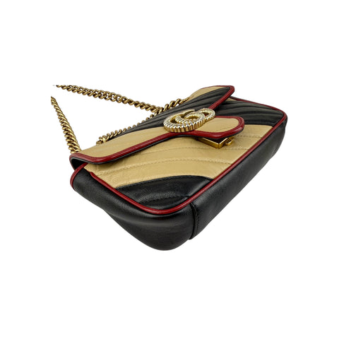 Gucci Black/Red/Beige Quilted Leather Marmont Torchon Mini Flap Bag