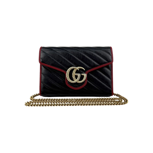 Gucci Black/Red Diagonal Quilt Leather GG Marmont Torchon Wallet on Chain
