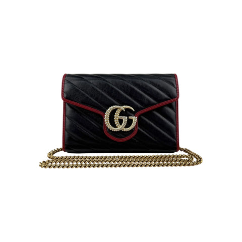Gucci Black/Red Diagonal Quilt Leather GG Marmont Torchon Wallet on Chain