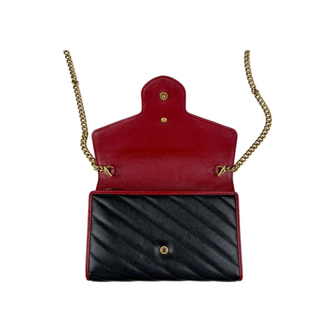 Gucci Black/Red Diagonal Quilt Leather GG Marmont Torchon Wallet on Chain