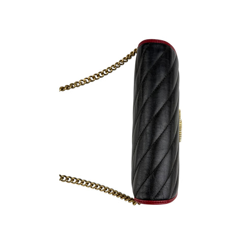 Gucci Black/Red Diagonal Quilt Leather GG Marmont Torchon Wallet on Chain