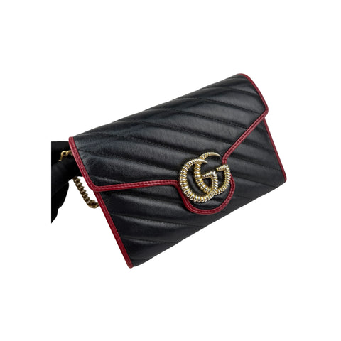 Gucci Black/Red Diagonal Quilt Leather GG Marmont Torchon Wallet on Chain