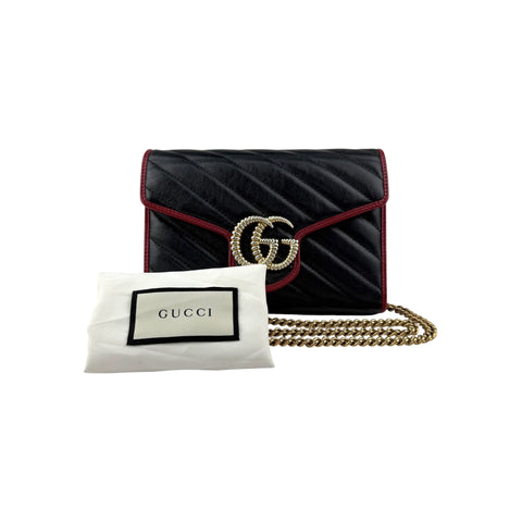 Gucci Black/Red Diagonal Quilt Leather GG Marmont Torchon Wallet on Chain