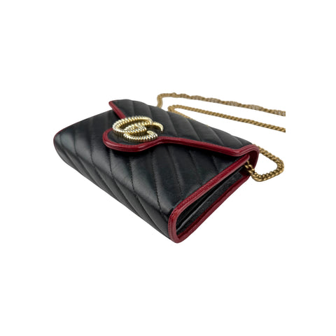 Gucci Black/Red Diagonal Quilt Leather GG Marmont Torchon Wallet on Chain