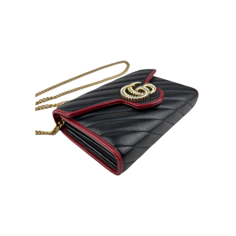 Gucci Black/Red Diagonal Quilt Leather GG Marmont Torchon Wallet on Chain