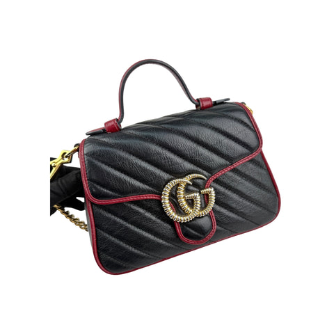 Gucci Black/Red Quilted Leather Marmont Mini Torchon Top Handle Crossbody Bag
