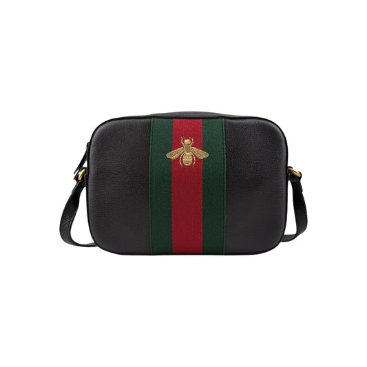 Gucci Black Smooth Leather Vintage Web Bee Shoulder Bag