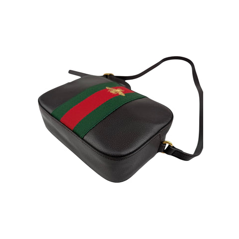 Gucci Black Smooth Leather Vintage Web Bee Shoulder Bag